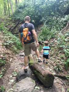 dad and son hiking down a ravine